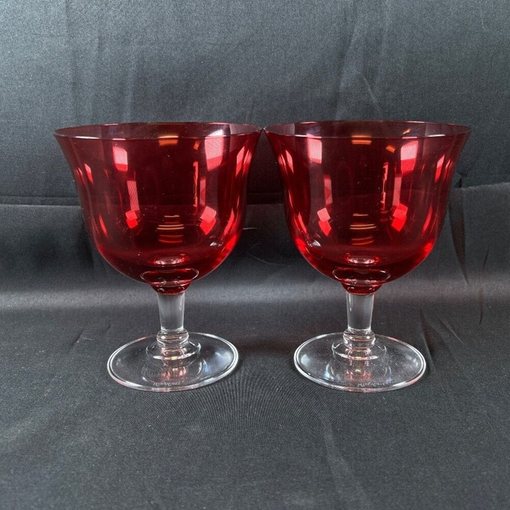 Marc Aurel Cranberry Crystal Wine Goblet Glass Column Stems Set of 2 Champagne